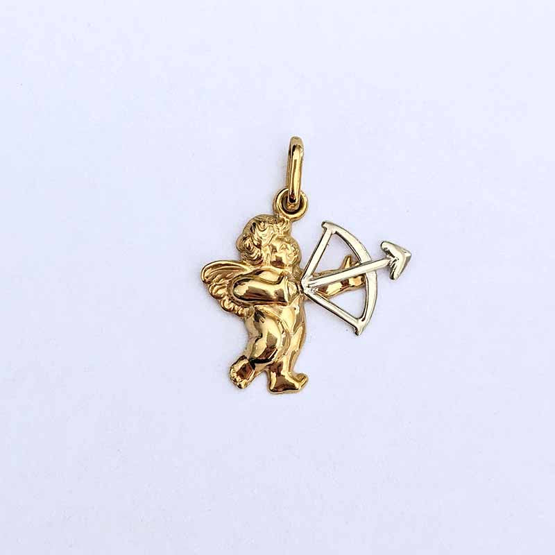 A gold cupid pendant holding a silver bow and arrow, displayed on a clean white background.