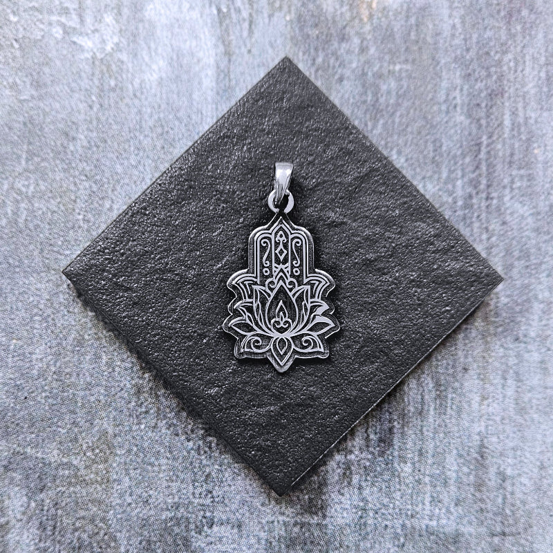 Sterling Silver Hamsa Pendant with a Lotus Flower design