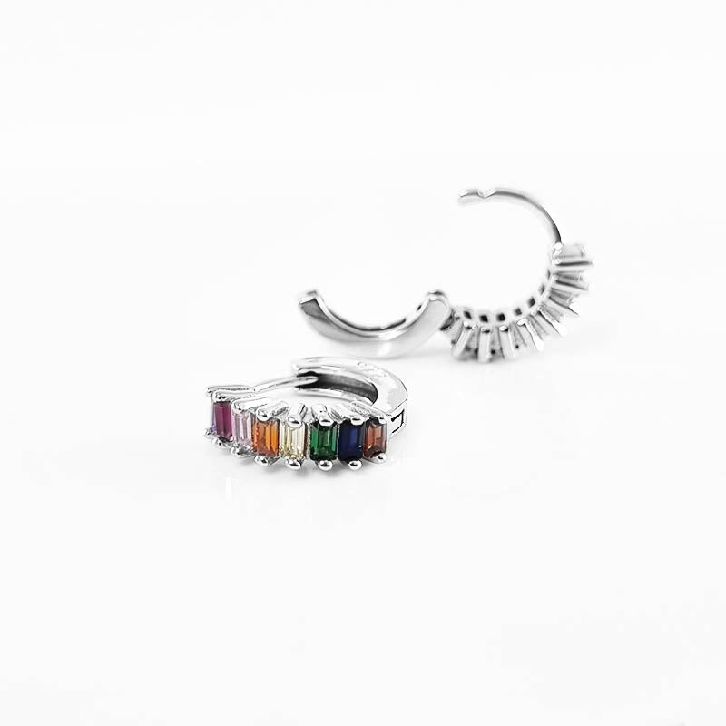 Silver Huggies Earrings with Multi-coloured CZ stones