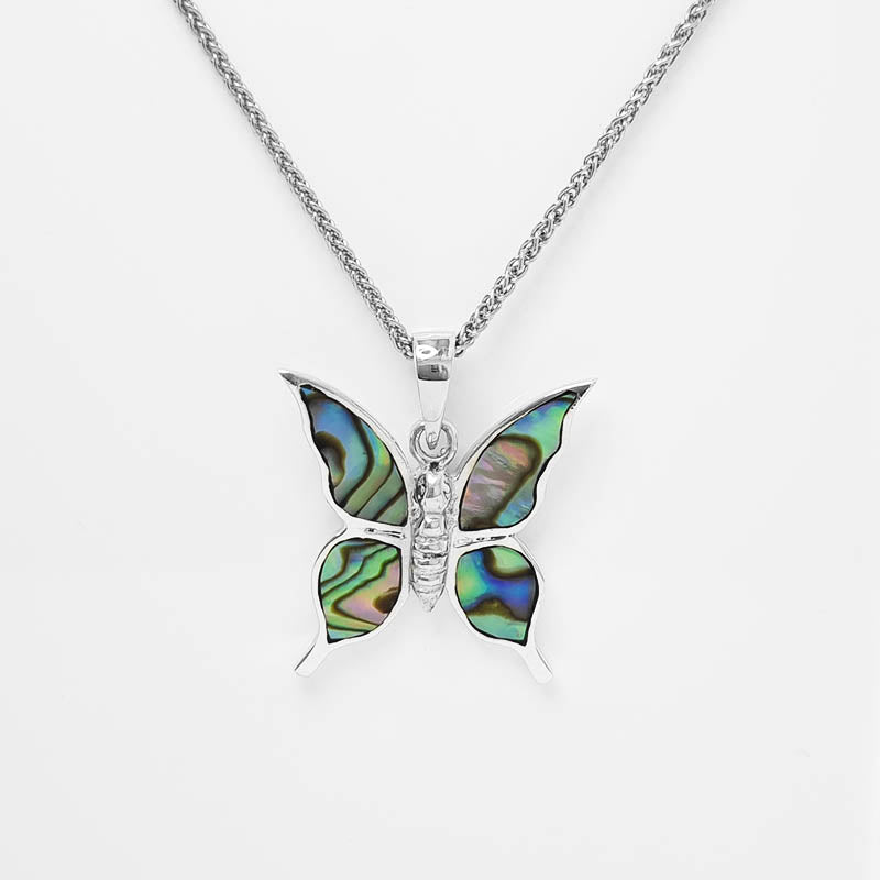 Silver Butterfly Pendant with Powershell Inlay on a silver chain