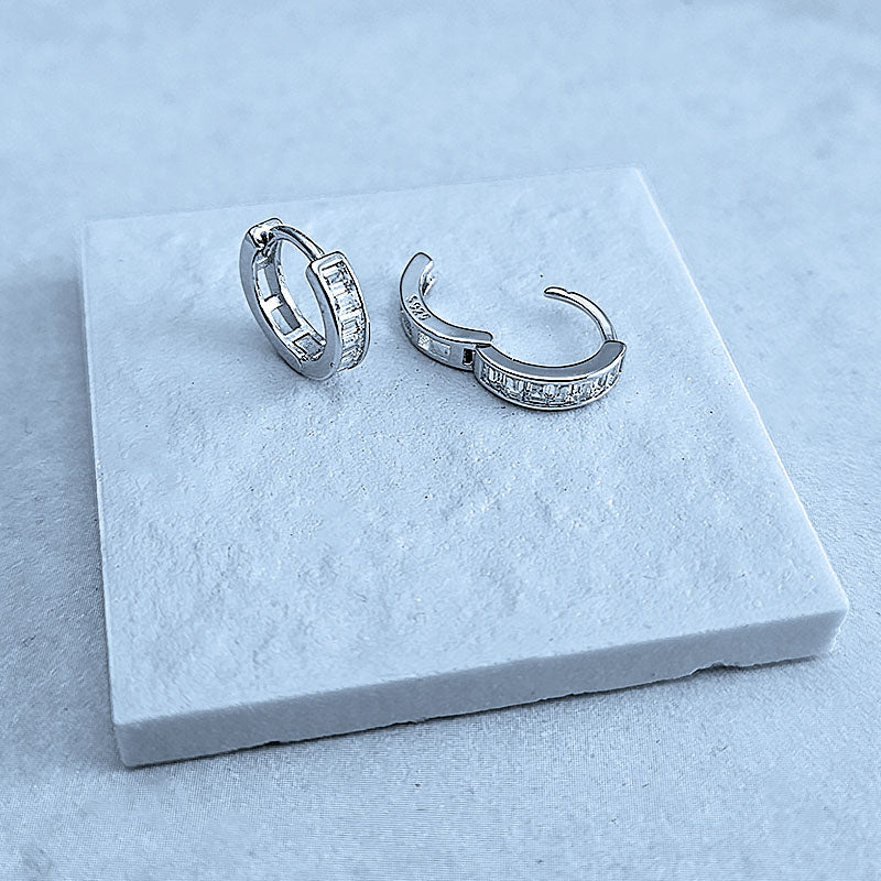 Sterling Silver CZ Huggie Earrings Silver Hoops