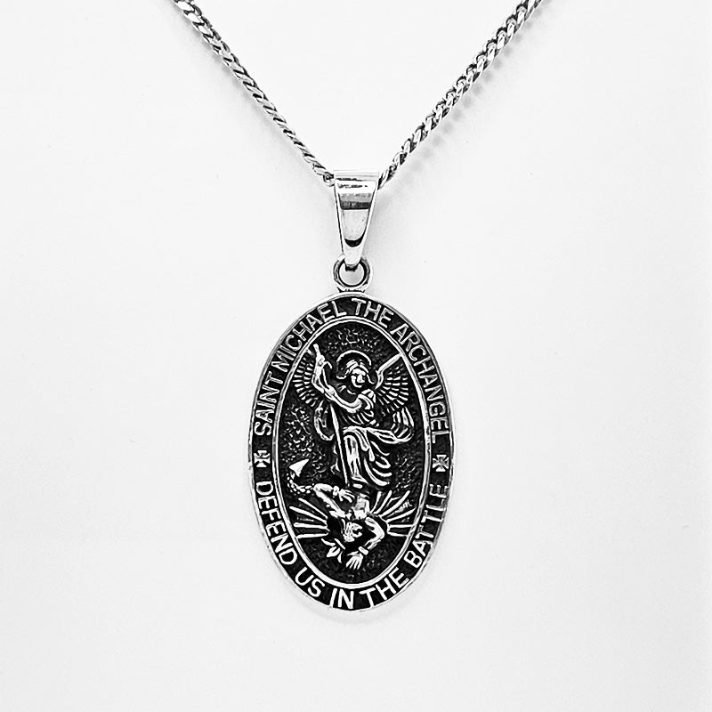 St Michael Pendant Silver Chain on Men - Main Image
