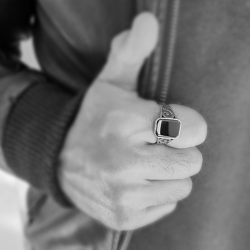 Men's Ring with Flat Rectangle Onyx Stone