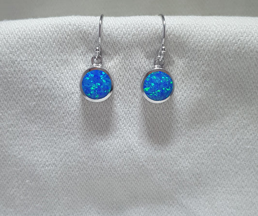 Elegant round crushed opal drop earrings, showcasing a captivating play of colors. 