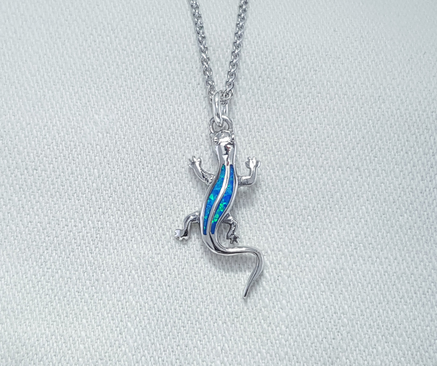 Crushed Opal gecko or lizard pendant set in Sterling Silver