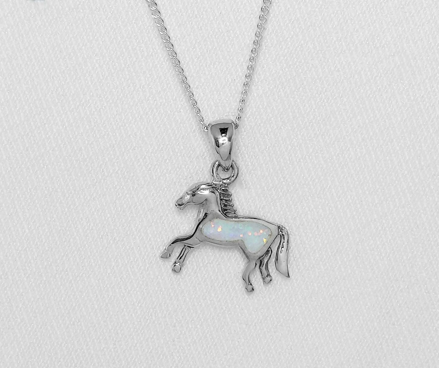 Sterling Silver Horse Pendant with White Crushed Opal Inlay