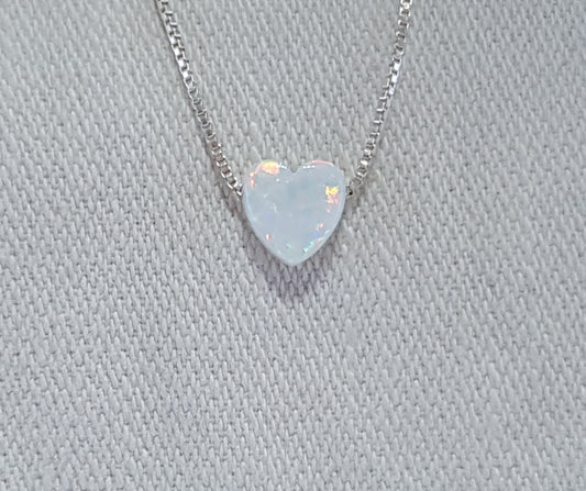 White Crushed Opal Heart Necklace - Sterling Silver