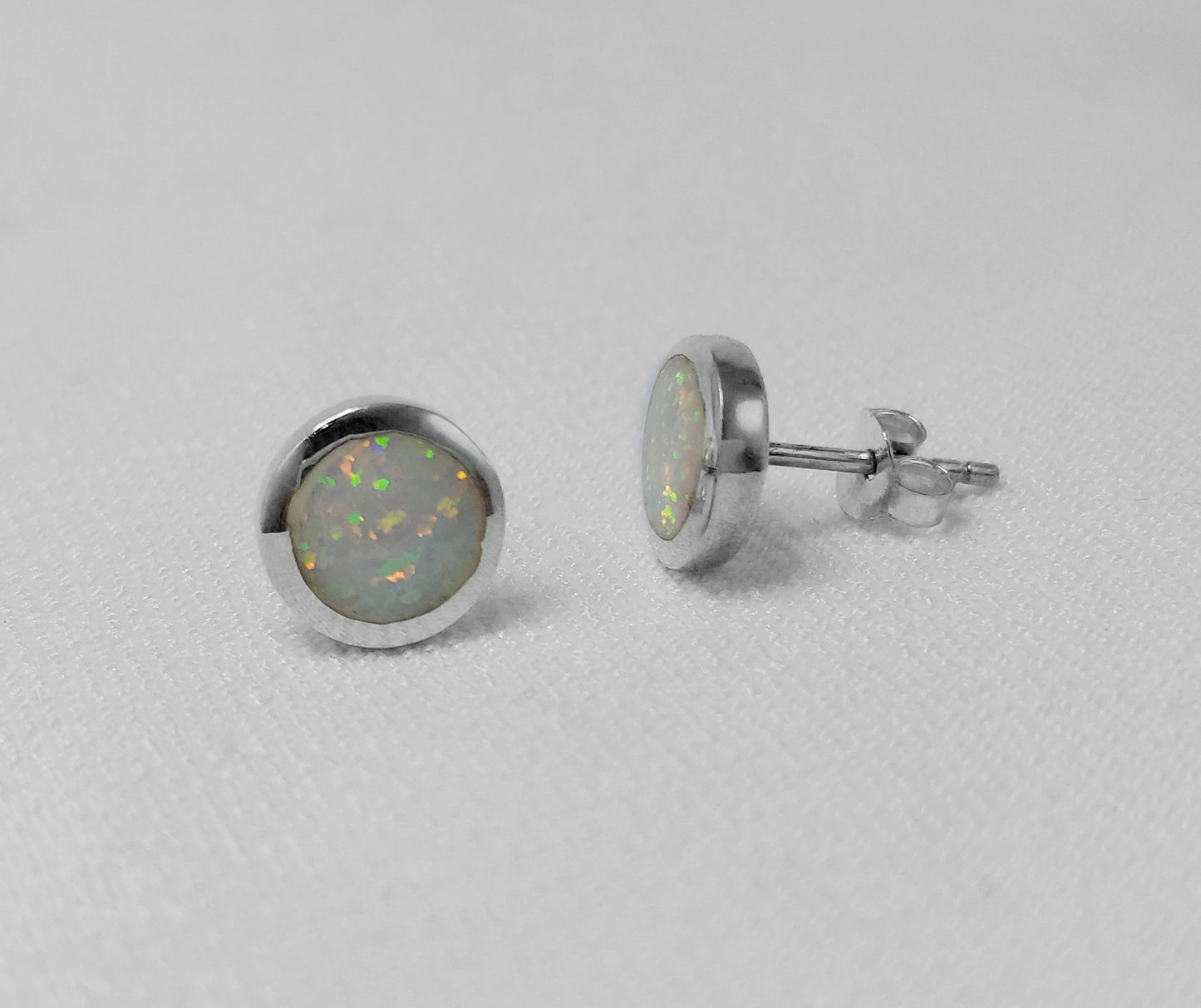 White Crushed Opal Round Studs - Sterling Silver