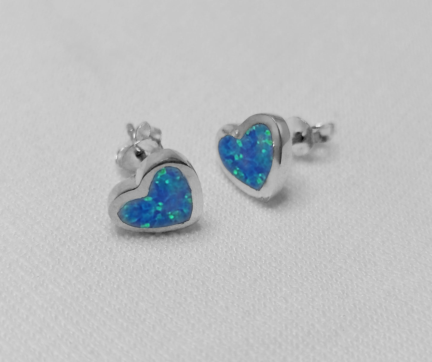 Blue Crushed Opal Heart Studs - Sterling Silver