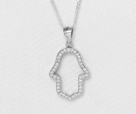 sterling silver hamsa pendant with cubic zirconia stones.