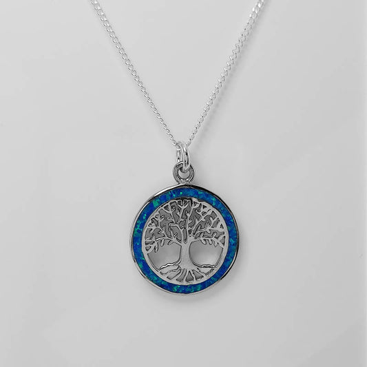 Sterling Silver Tree of Life Pendant With Blue Opal