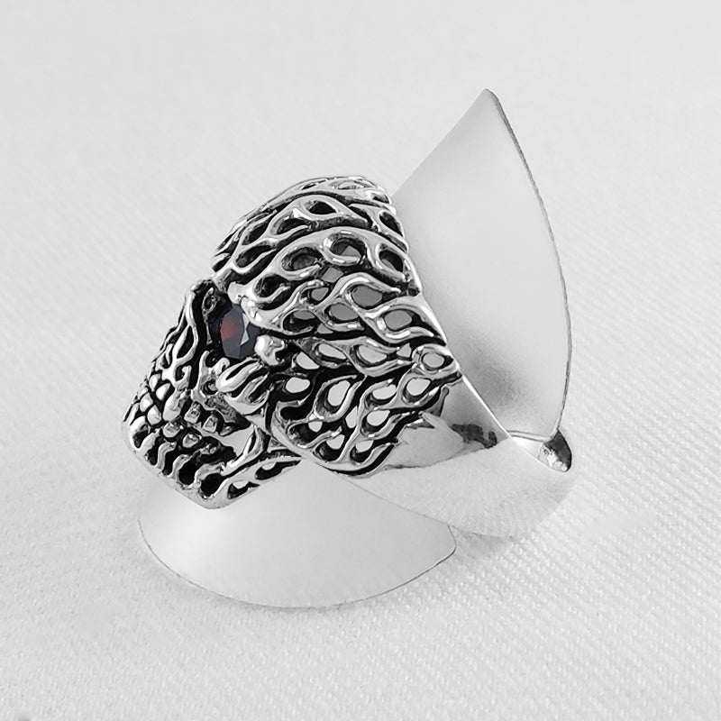 Sterling Silver Skull Ring with Red Cubic Zirconia Eyes