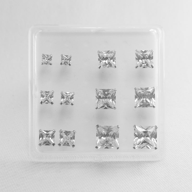 Square Sterling Silver Stud Earring with Cubic Zirconia Stones