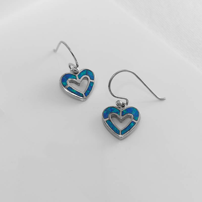 sterling silver heart outline earrings with blue crushed opal inlay