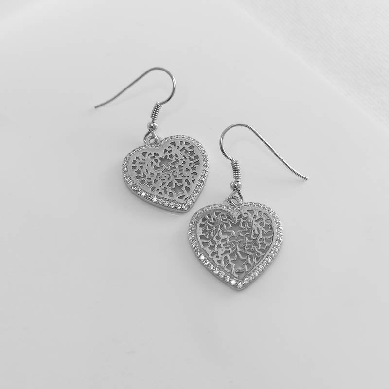 sterling silver heart filigree earrings with cubic zirconia stones
