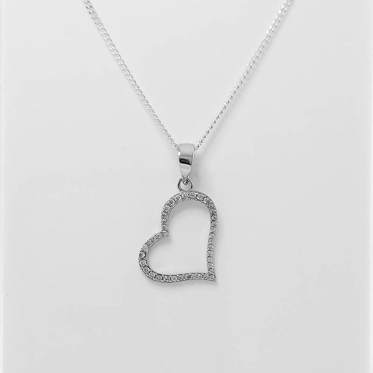 sterling silver asymmetrical heart pendant with cubics and a silver chain.