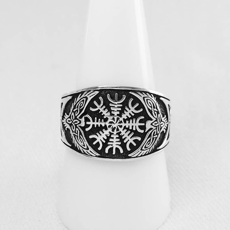 Sterling Silver Men's Ring With Viking Helm of Awe Design