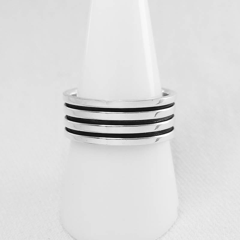 A sleek and contemporary men's ring featuring a triple line pattern.