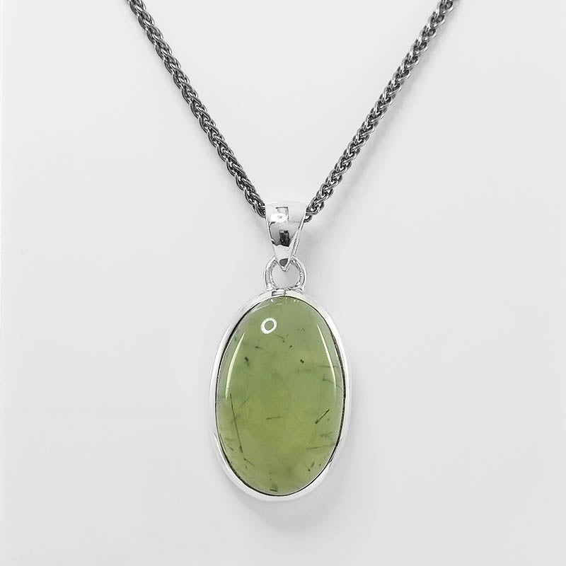 Sterling Silver Prehnite Pendant with a silver wheat chain.