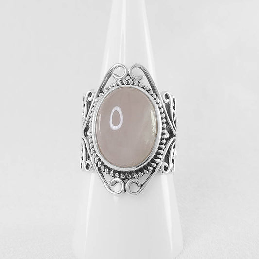 Sterling Silver Rose Quartz ring with a filigree design