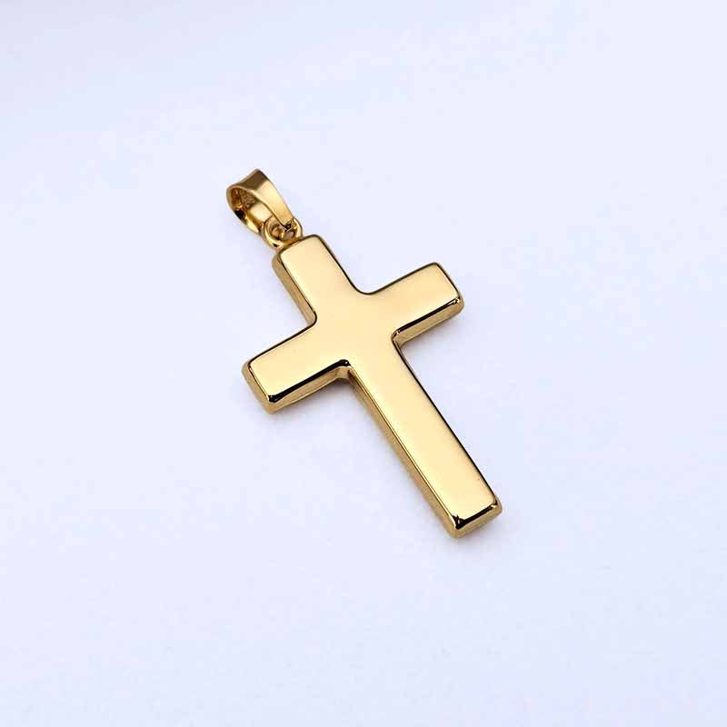 A polished yellow gold cross pendant with a smooth, reflective finish and a matching bail at the top, shown on a clean white background.