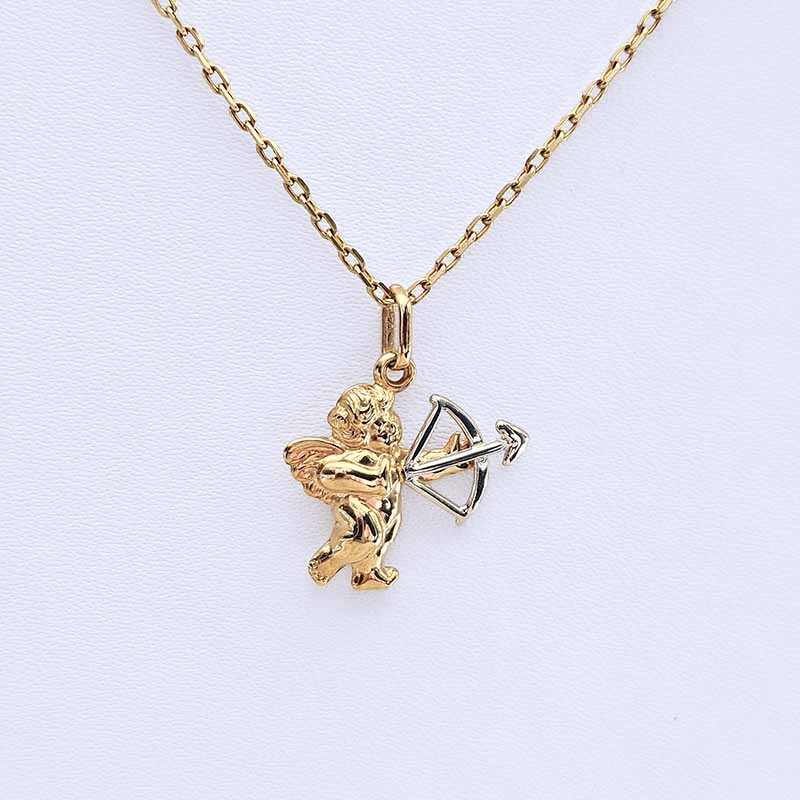 A gold chain necklace featuring a cupid pendant holding a silver bow and arrow, displayed on a clean white background.