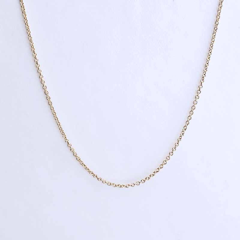 A delicate gold chain necklace draped in a U-shape against a plain white background.