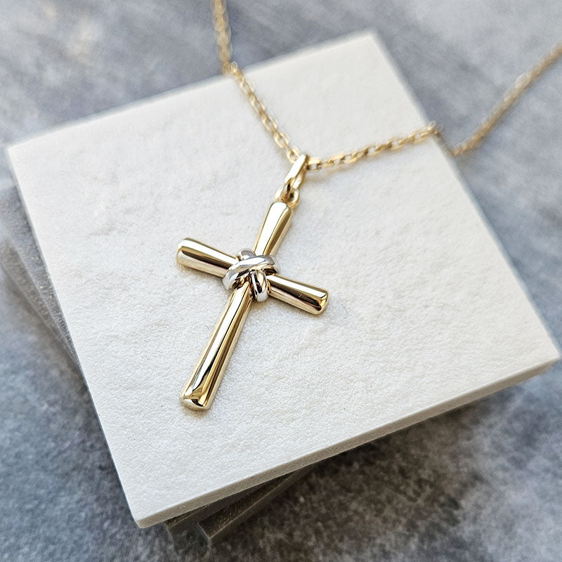 Yellow and White Gold Cross Pendant. Made with 9 carat gold and available with an optional gold chain