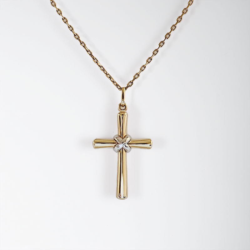 Yellow and White Gold Cross Pendant. Made with 9 carat gold and available with an optional gold chain