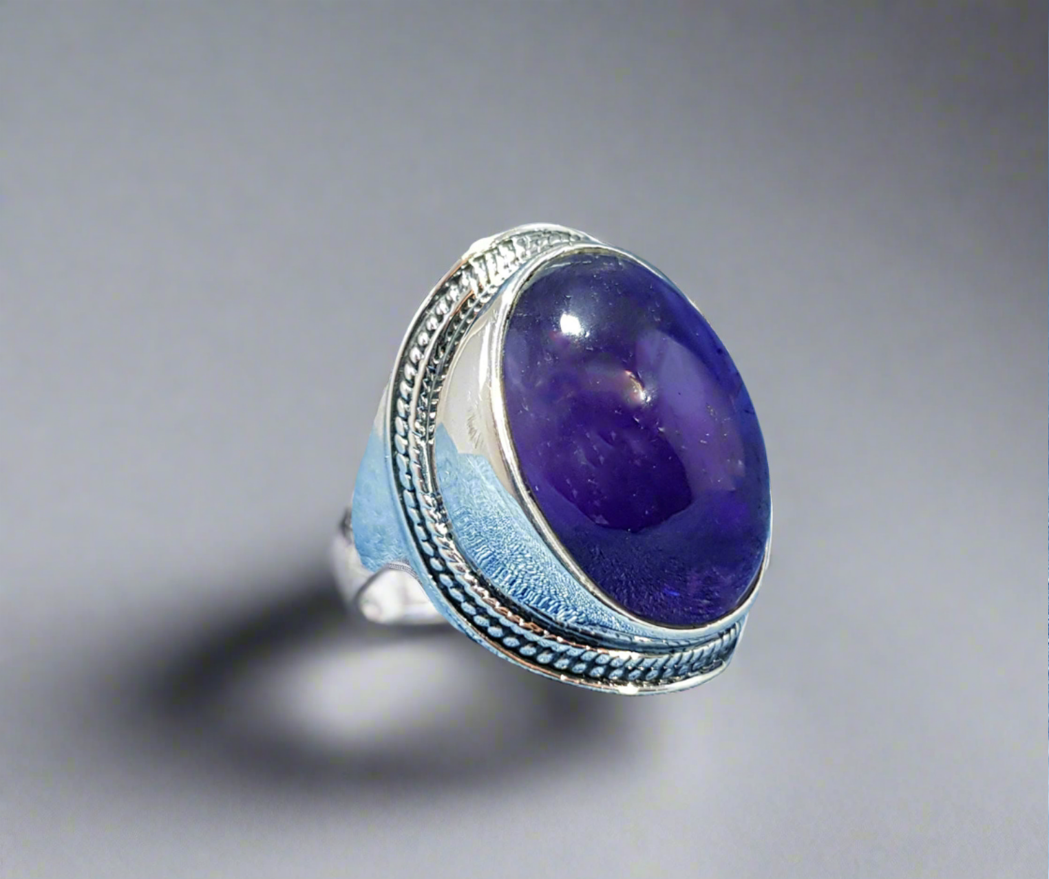 Sterling Silver Ring with Large Amethyst Stone 