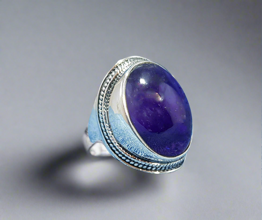 Sterling Silver Ring with Large Amethyst Stone 