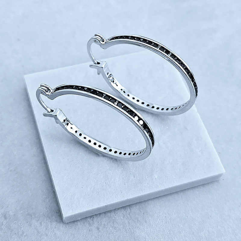 Sterling Silver Hoops with Black Cubic Zirconia Stones