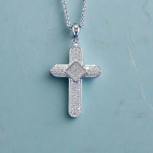 Sterling silver cross with cubic zirconia stones - rounded edges