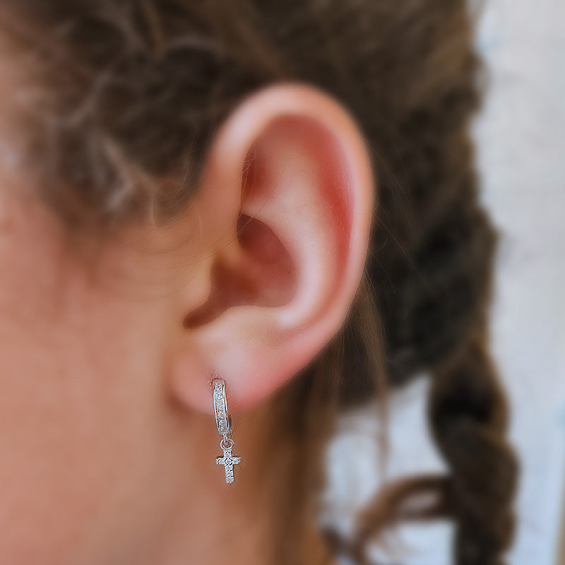 Sterling Silver CZ Huggies with Dangling Cross