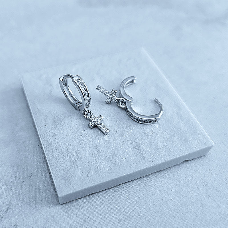 Sterling Silver CZ Huggies with Dangling Cross