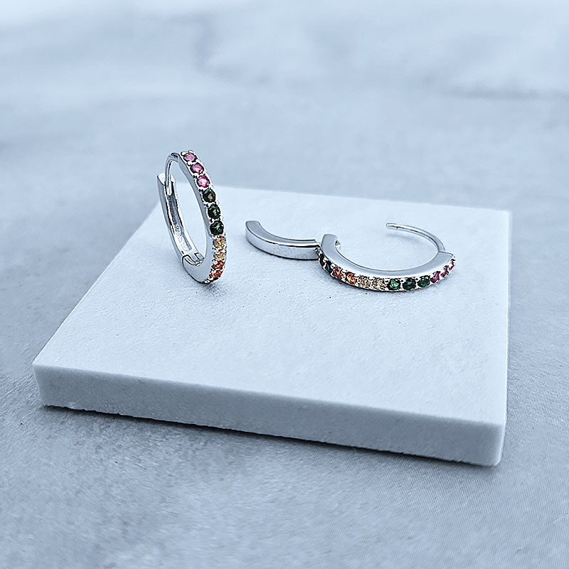Sterling Silver Huggie earrings with colourful stones