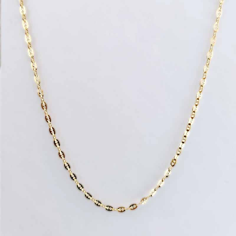 A gold chain necklace with a twisted rope link design, displayed against a plain light gray background.