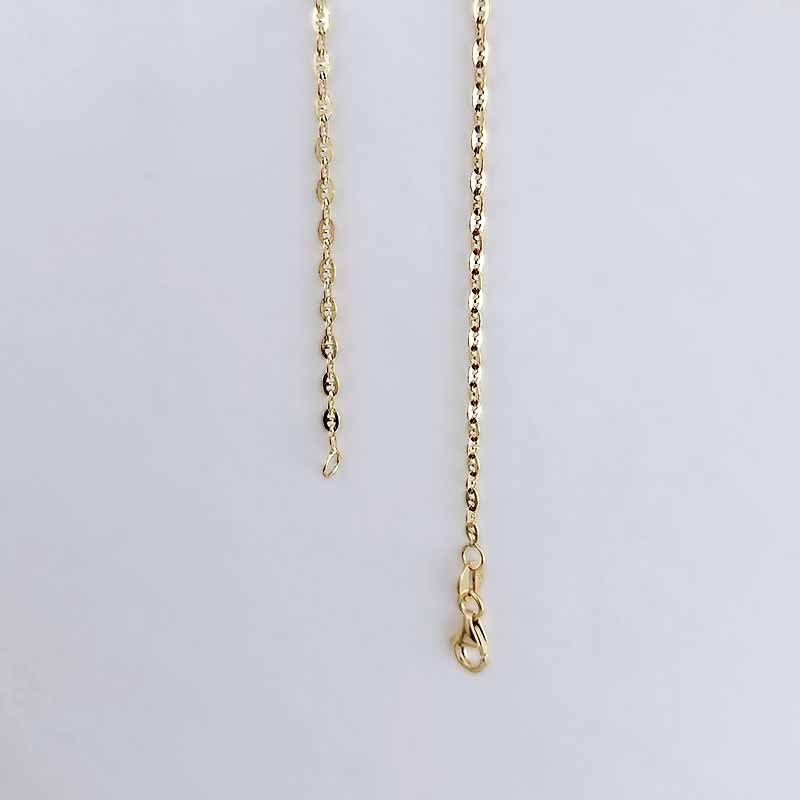 A close-up of a gold chain necklace with a lobster clasp and extender, shown against a plain light gray background.