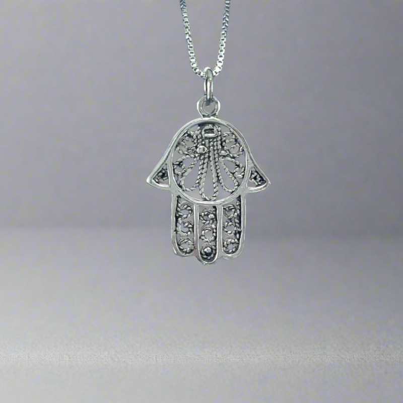 Sterling Silver Hamsa Hand Pendant in a filigree design