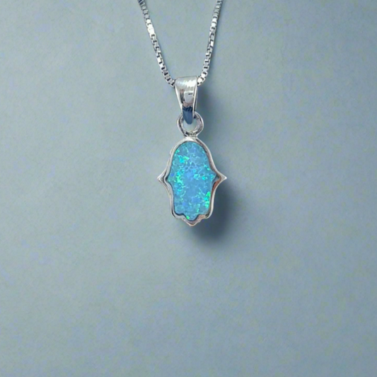 Sterling Silver Hamsa Hand Pendant with crushed opal inlay