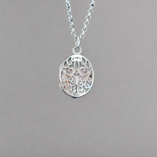 silver oval locket - filigree pattern