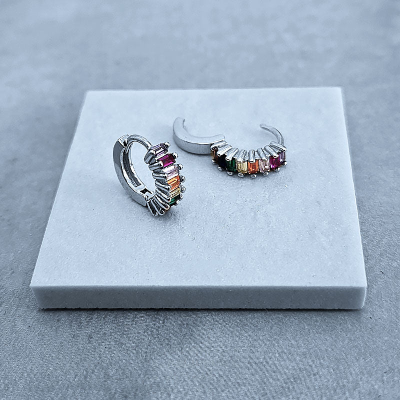 Silver Huggies Earrings with Multi-coloured CZ stones