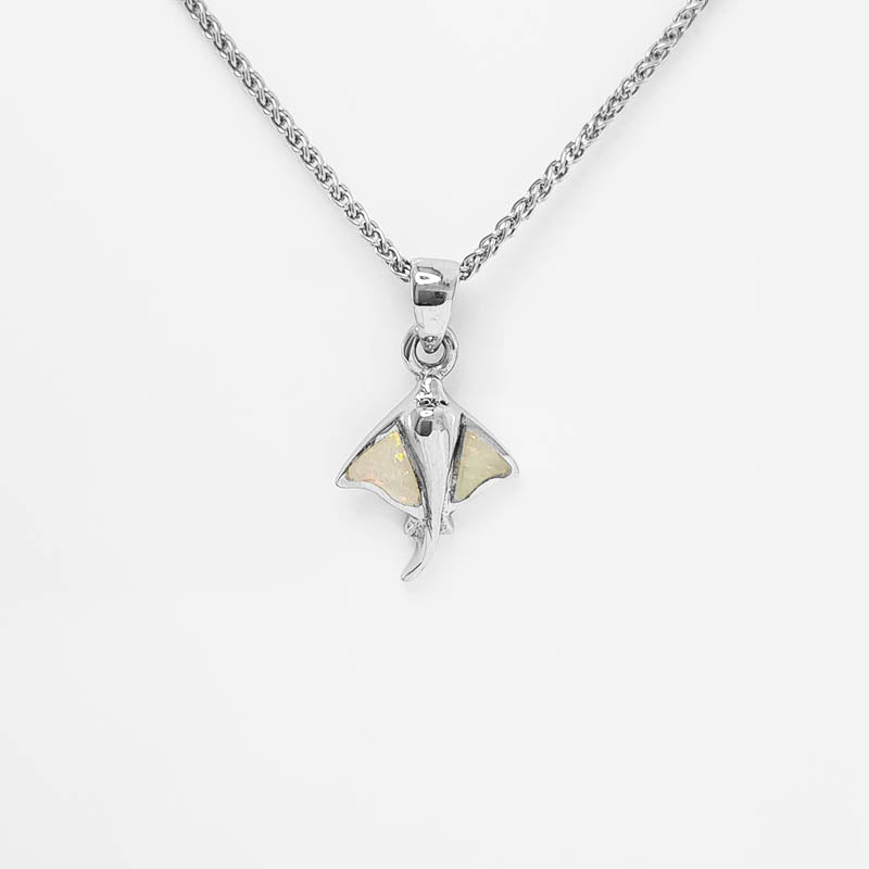 White Crushed Opal Manta Ray Pendant on a silver chain