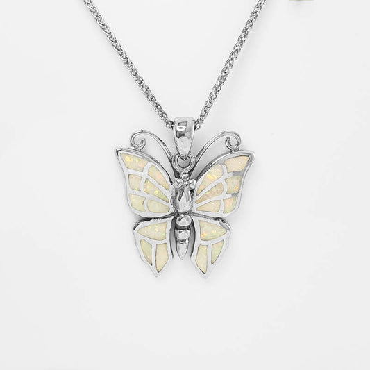 Chunky White Crushed Opal Butterfly Pendant- made with sterling silver