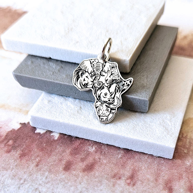 Africa with the faces of the Big 5 made with sterling silver on a stone surface