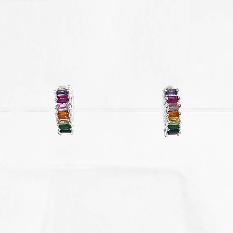 Silver Huggies Earrings with Multi-coloured CZ stones