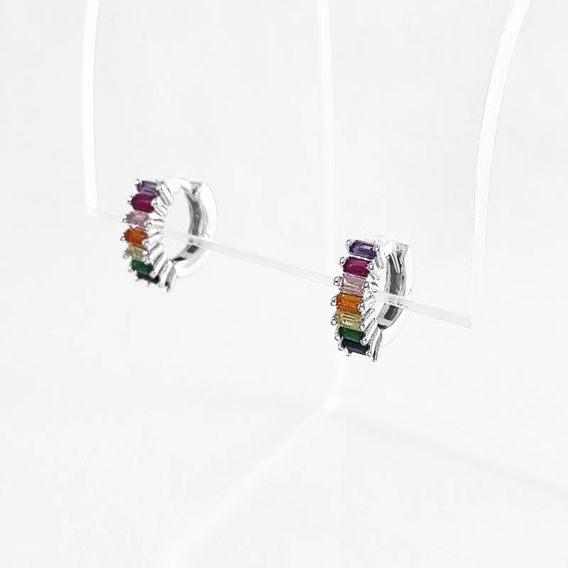 Silver Huggies Earrings with Multi-coloured CZ stones