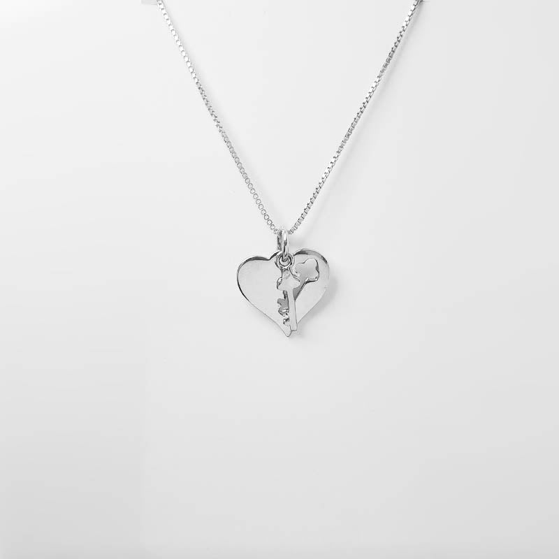 Sterling Silver Heart Disk Pendant with a dangling key