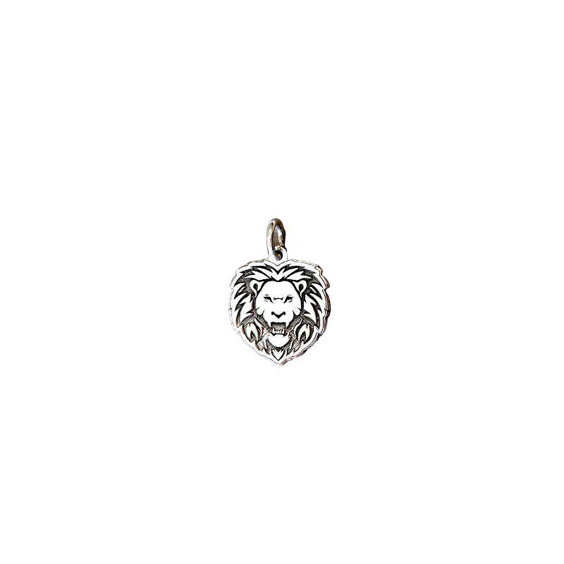 Silver lion head pendant on a white background
