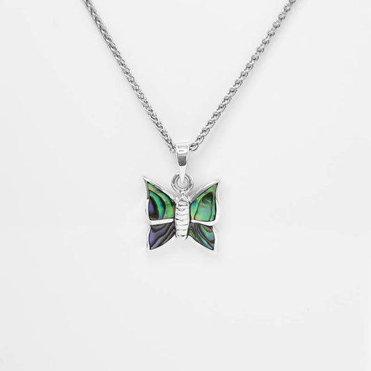 Shimmering Powershell Butterfly Pendant on a silver chain